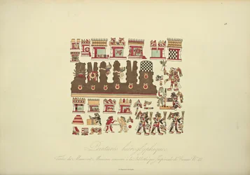 Hieroglyphische Malereien aus dem mexikanischen Manuskript III, aufbewahrt in der Kaiserlichen Bibliothek von Wien, Illustration aus Vues des Cordillères et Monumens des Peuples Indigènes de l